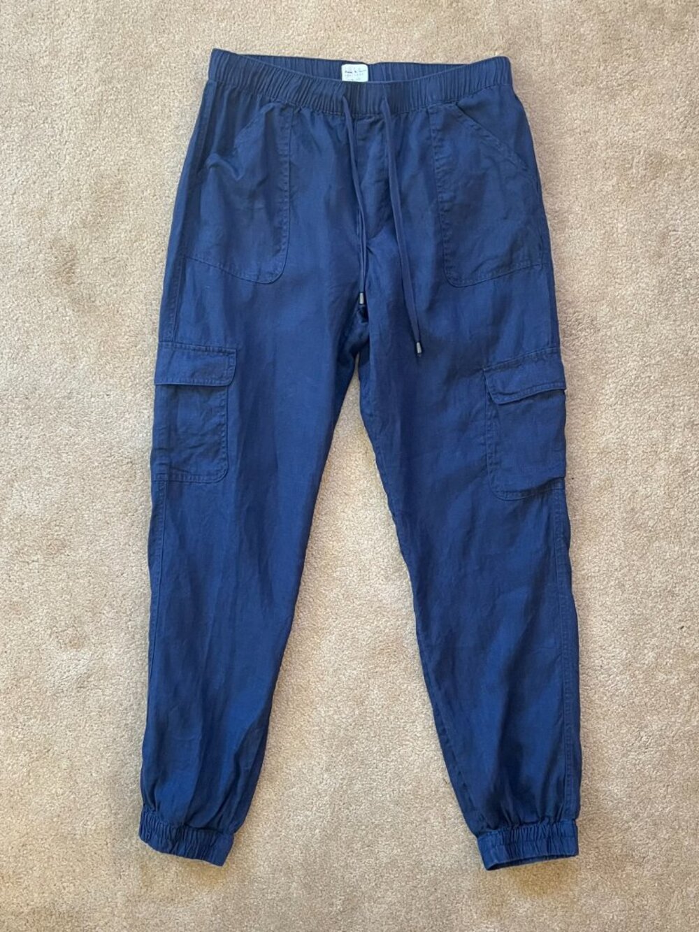 Nicole Miller Blue 100% Linen Drawstring Cargo Jogger Pants Size M Boho Beach